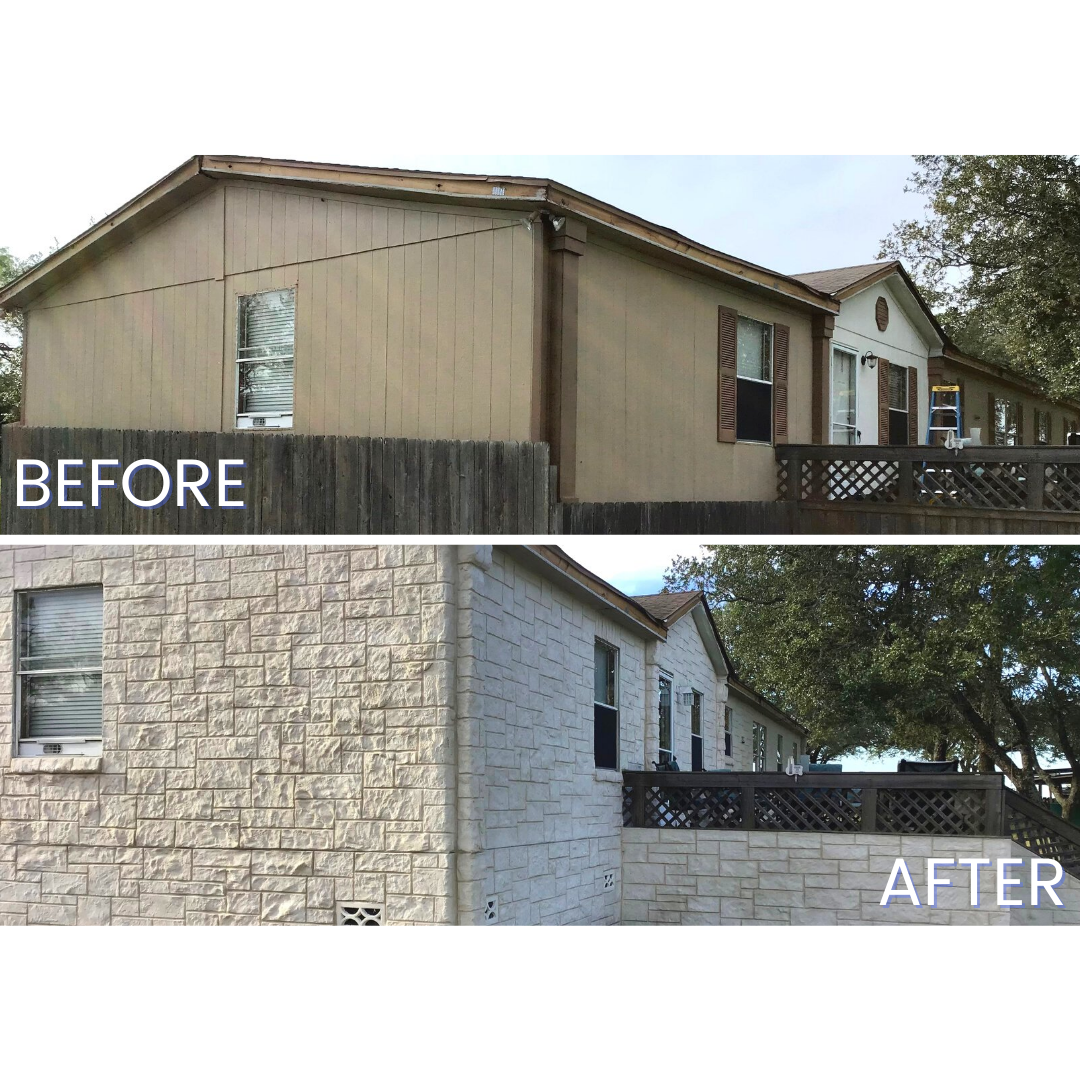 before and after photo of adding brickstone masonry siding