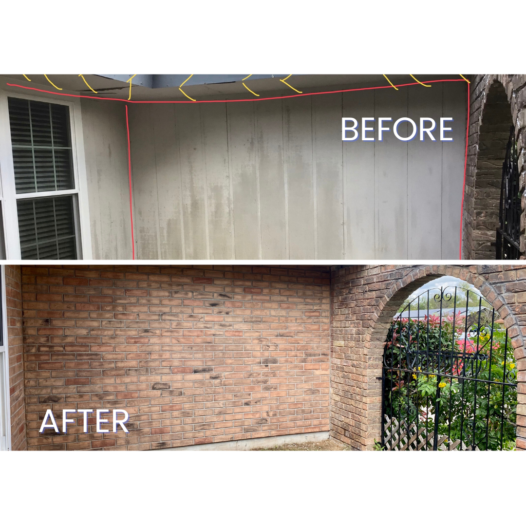 before and after photo of adding brickstone masonry siding