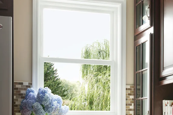 A tall kitchen window overlooking a vibrant green backyard with trees